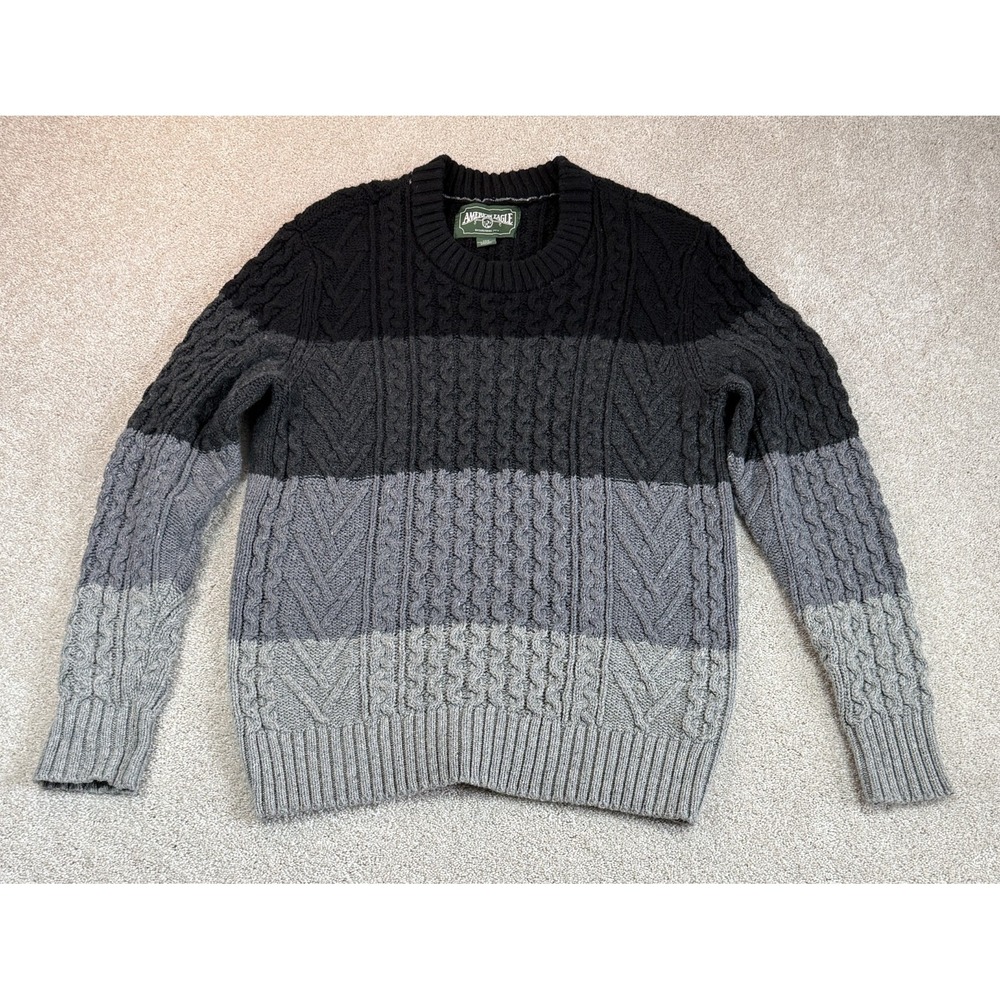 American Eagle Fisherman Crewneck Sweater Men LGR Knit Chunky Cable Black Gray